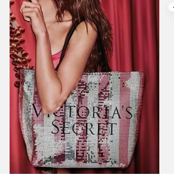 🌹Victoria's Secret Pink Silver and Black Sequin Tote Bag, overnight, sparkle ✨ - Picture 1 of 14